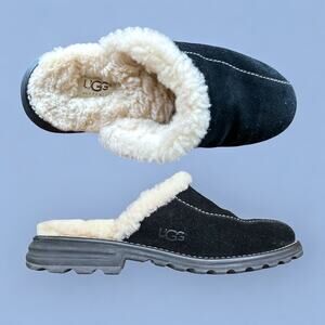 Ugg Australia Suede Sheepskin Lined Mule Clog Shoes 5397 Size 7, Black/Natural